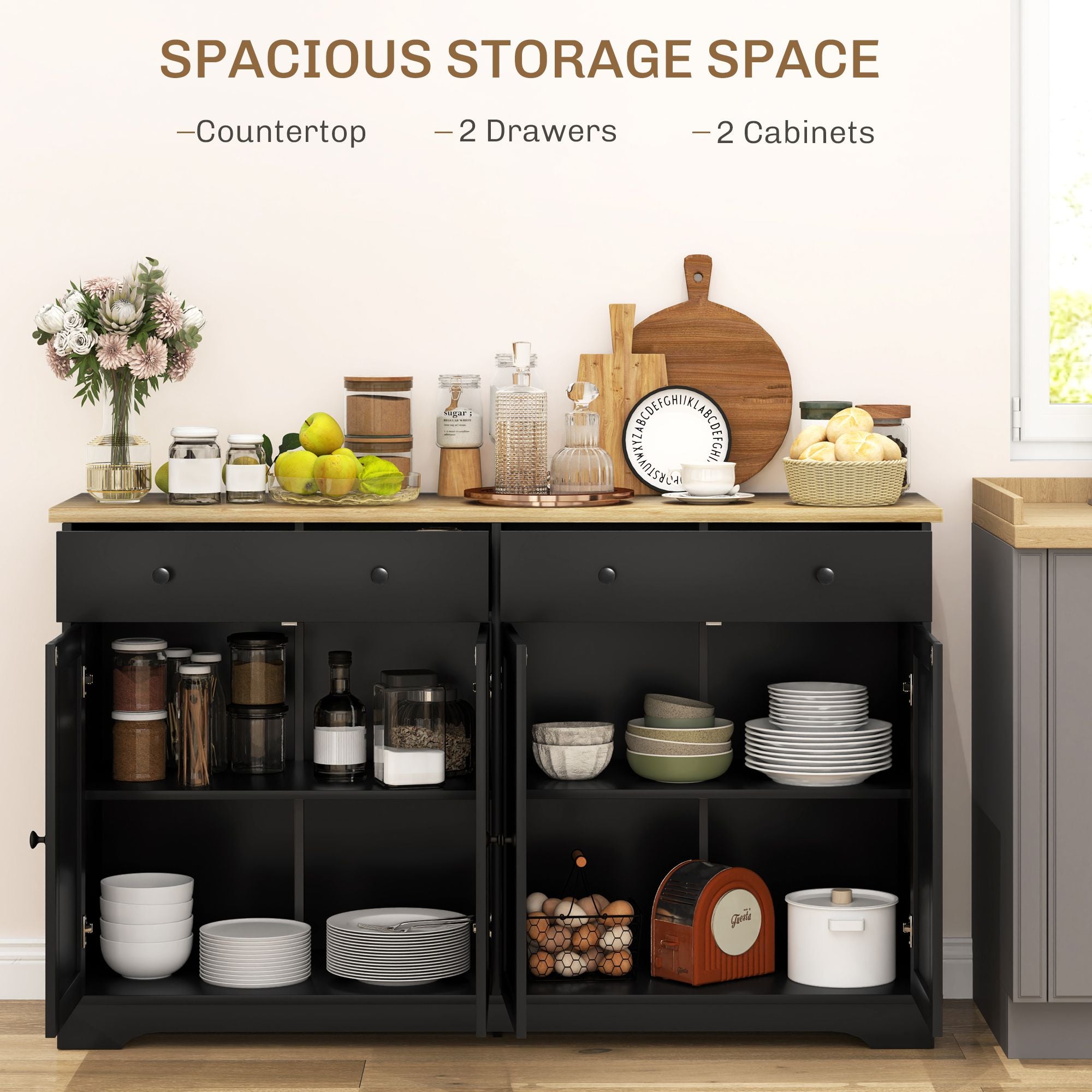 Modern Black Sideboard with Drawers and Adjustable Shelves