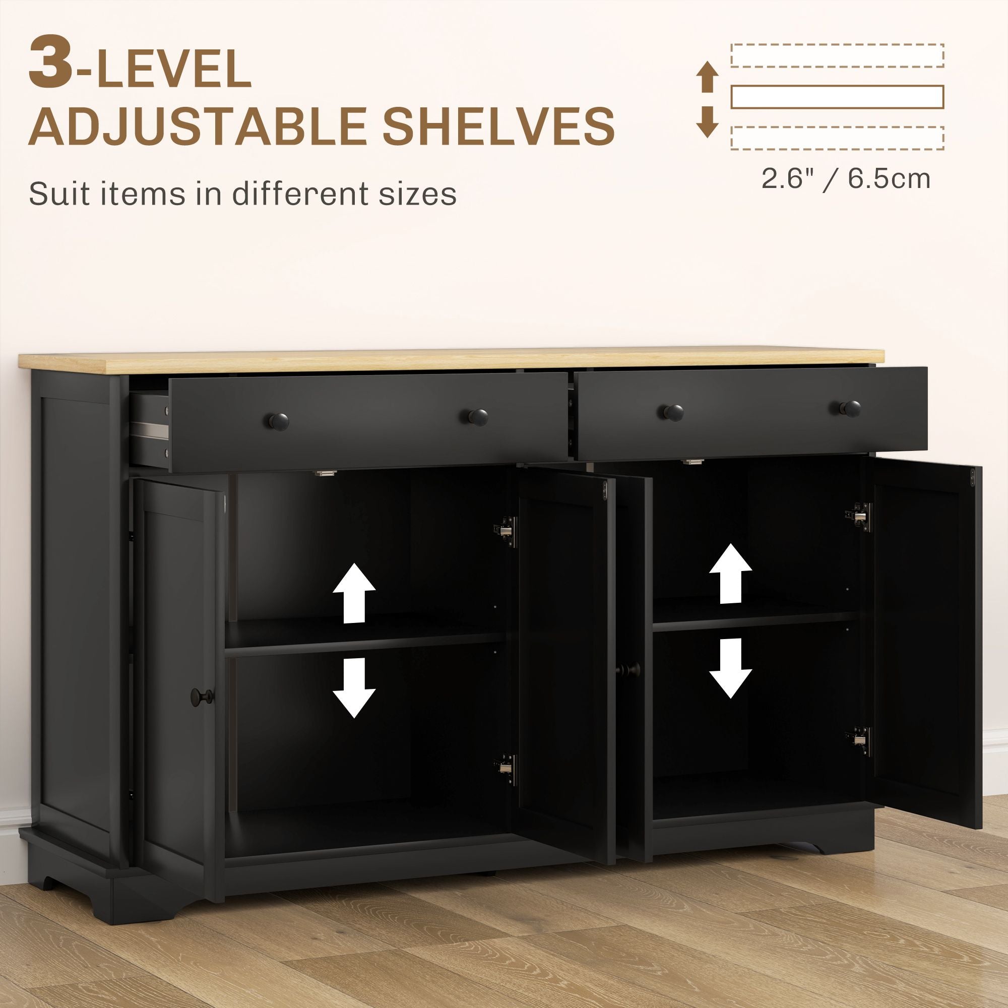 Modern Black Sideboard with Drawers and Adjustable Shelves