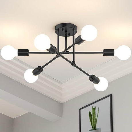 Black Mid-Century Sputnik Semi-Flush Chandelier