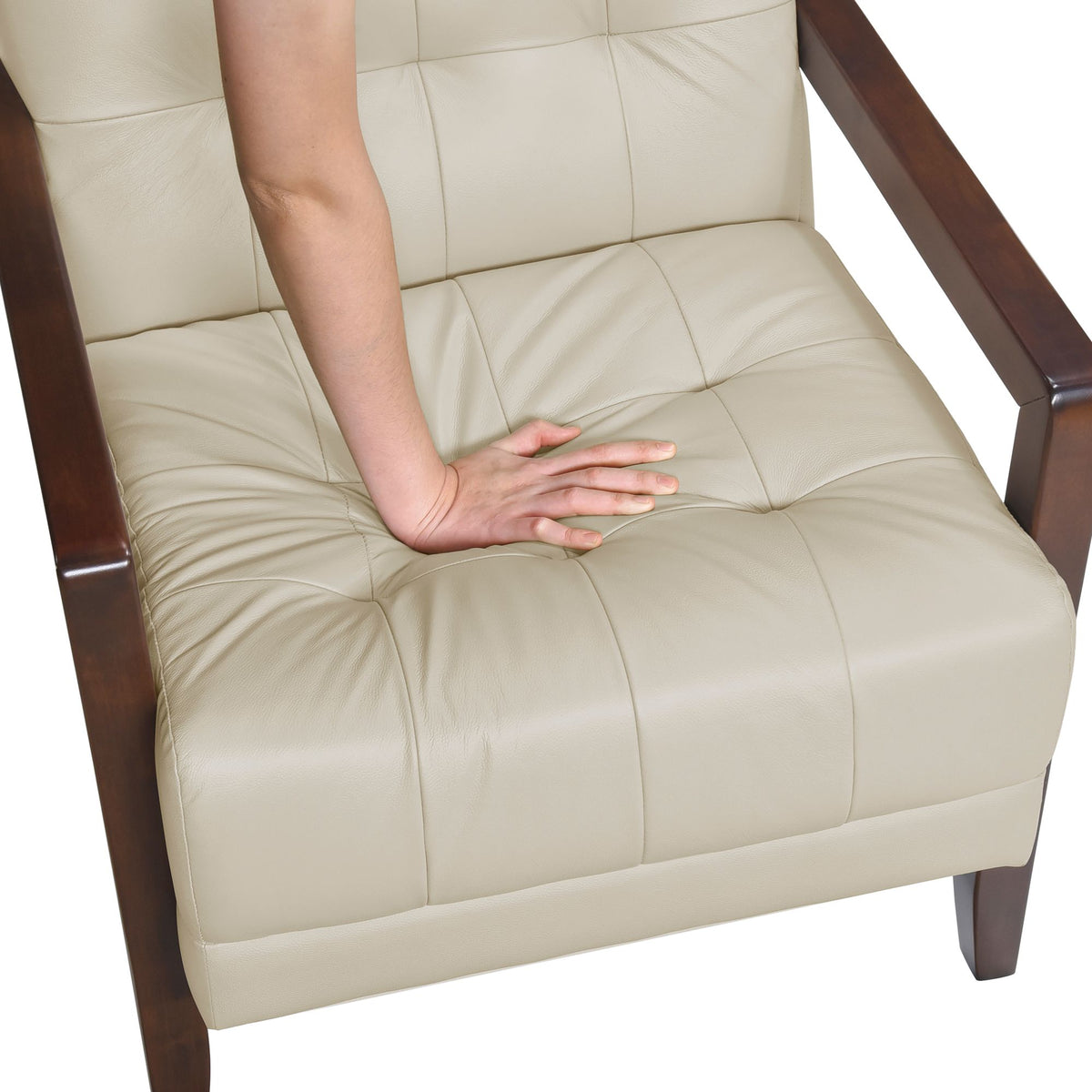 Modern Beige Accent Chair with Tufted Detail and Walnut Finish