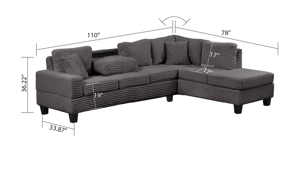Modern Style Recliner Sectional Sofa with Storage Ottoman and Drop-Down Tray