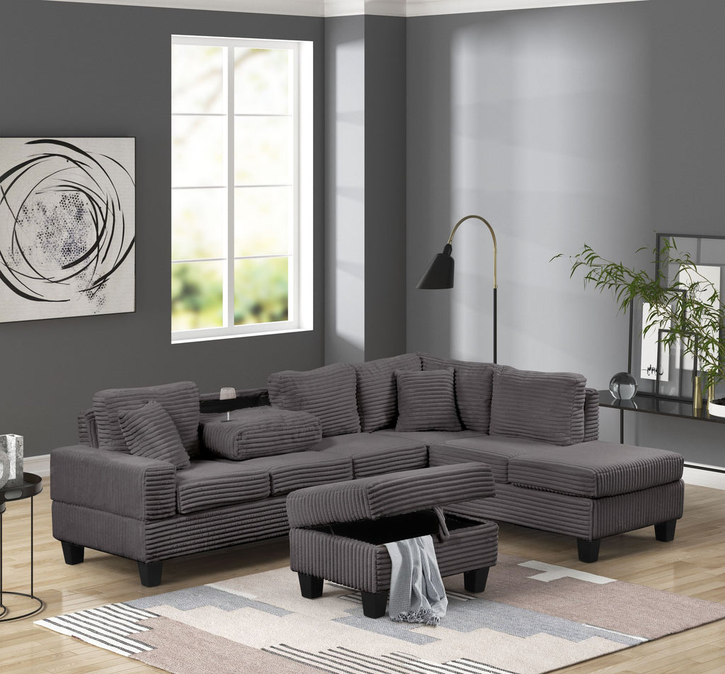 Modern Style Recliner Sectional Sofa with Storage Ottoman and Drop-Down Tray