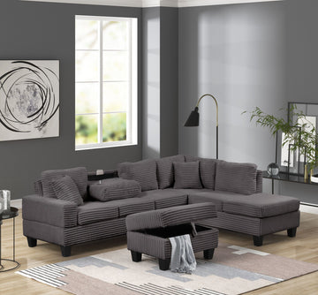 Modern Style Recliner Sectional Sofa with Storage Ottoman and Drop-Down Tray