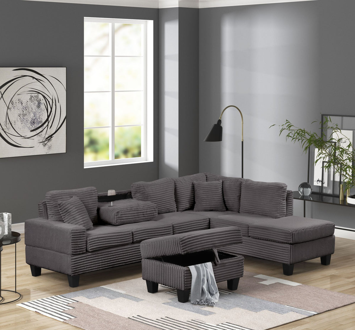 Modern Style Recliner Sectional Sofa with Storage Ottoman and Drop-Down Tray