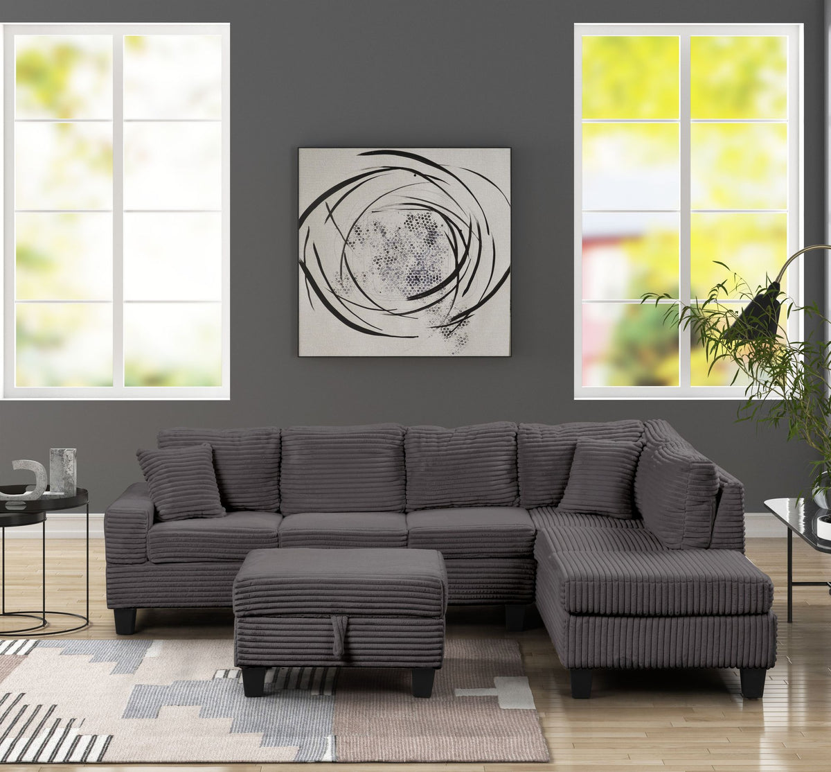 Modern Style Recliner Sectional Sofa with Storage Ottoman and Drop-Down Tray