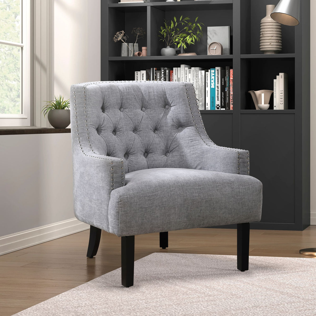 Gray Button-Tufted Accent Chair with Nailhead Trim
