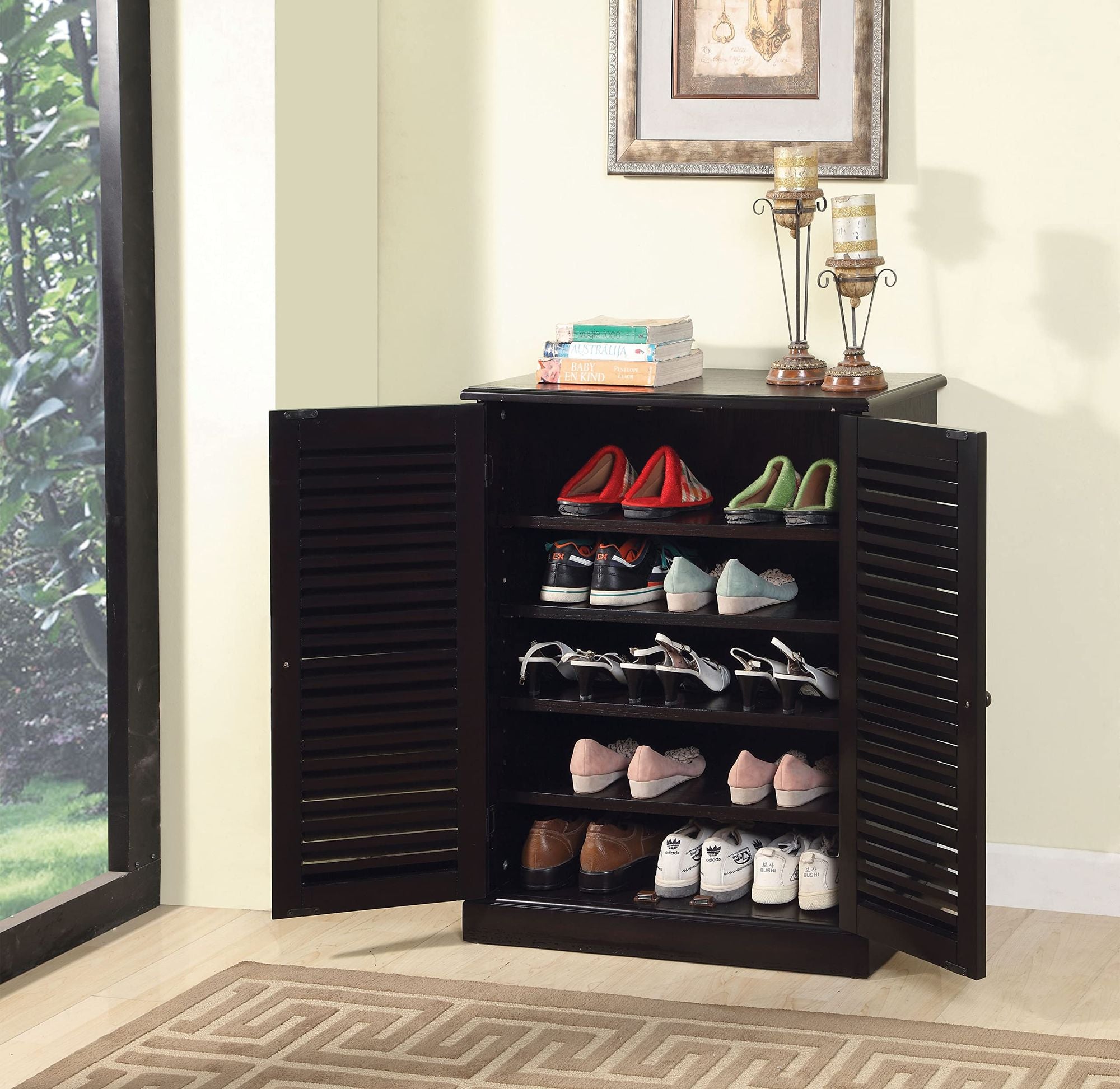 Espresso Shoe Cabinet with Louver Doors and Adjustable Shelves