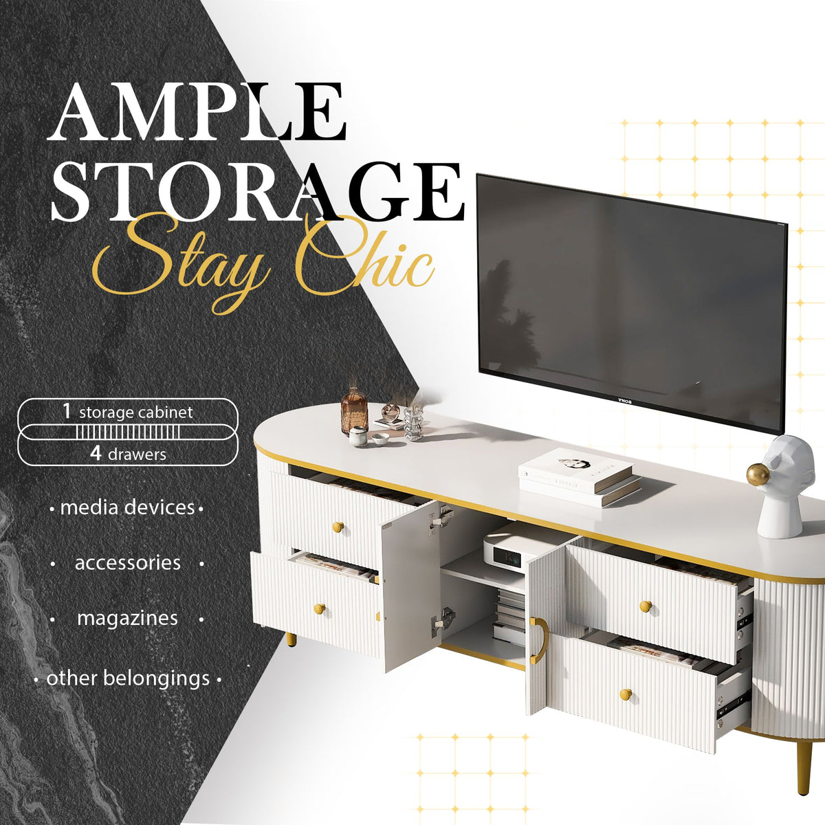 Curved Modern TV Console with Drawers and Cabinet