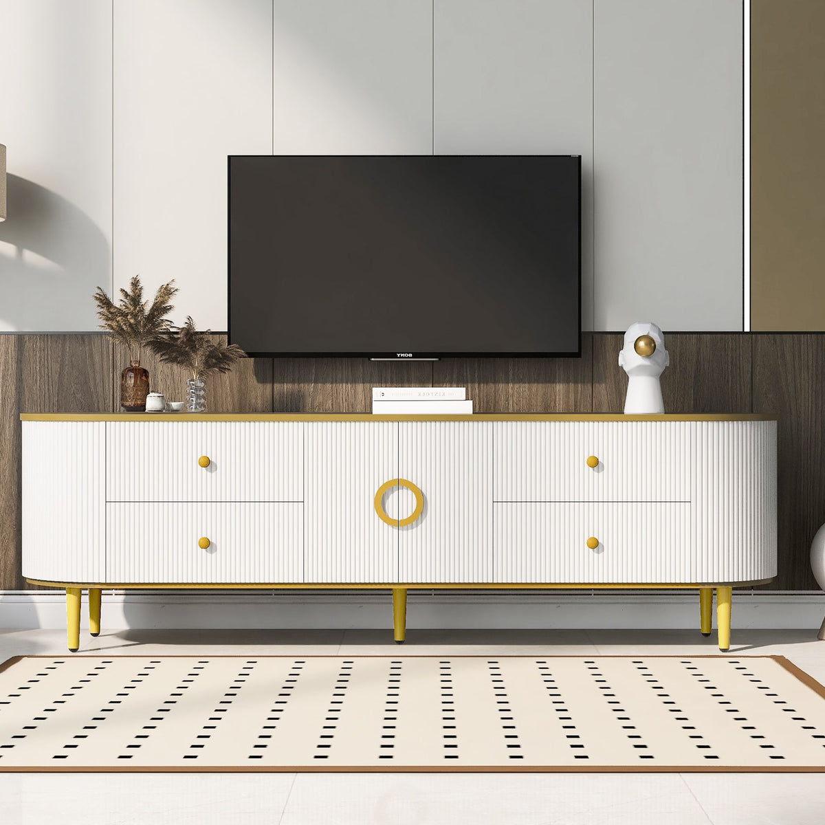Curved Modern TV Console with Drawers and Cabinet