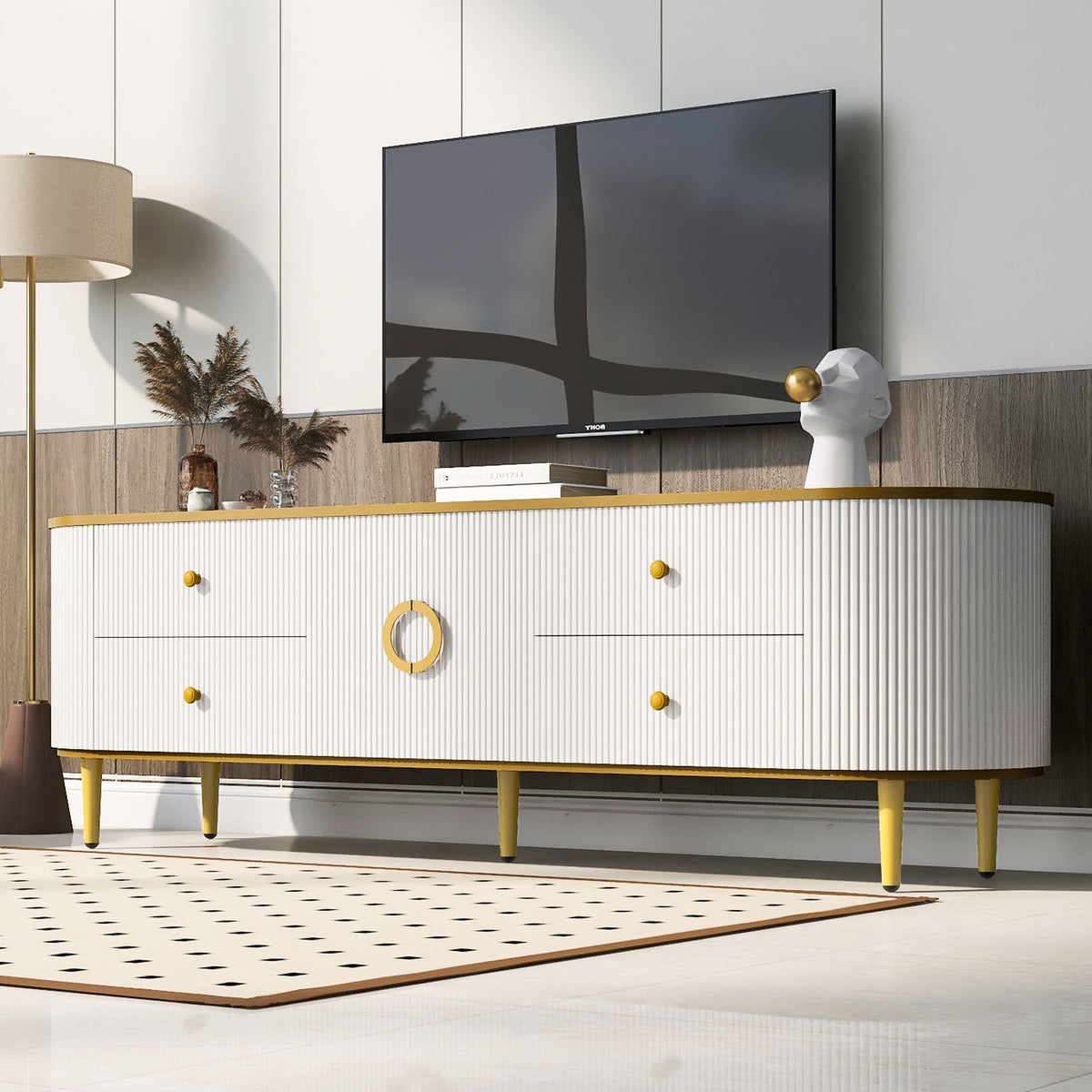 Curved Modern TV Console with Drawers and Cabinet