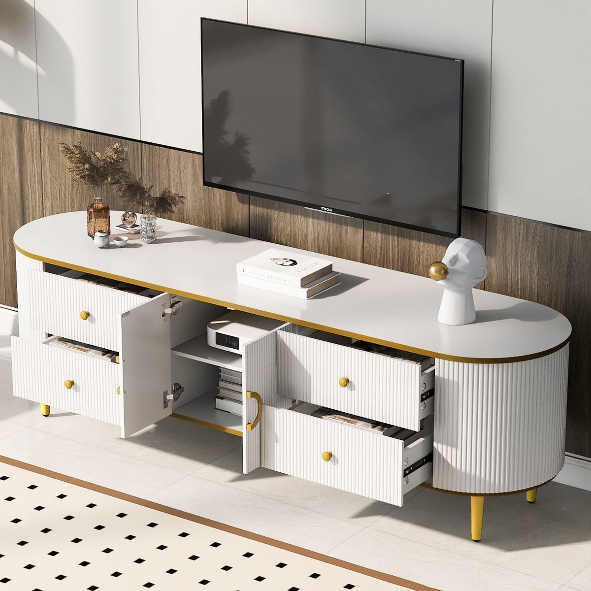 Curved Modern TV Console with Drawers and Cabinet