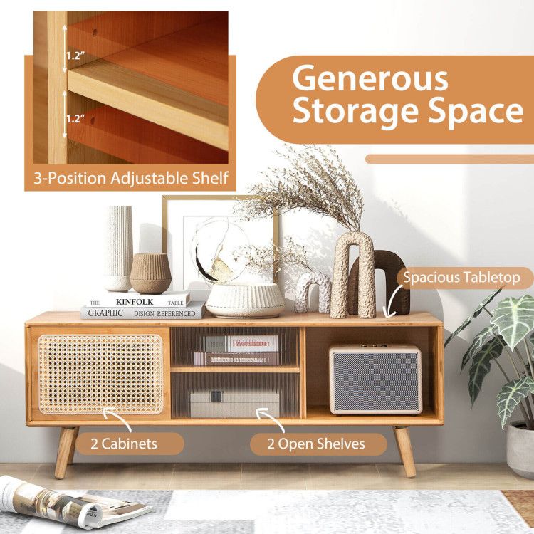 Mid-Century Modern TV Stand with Sliding Doors and Storage