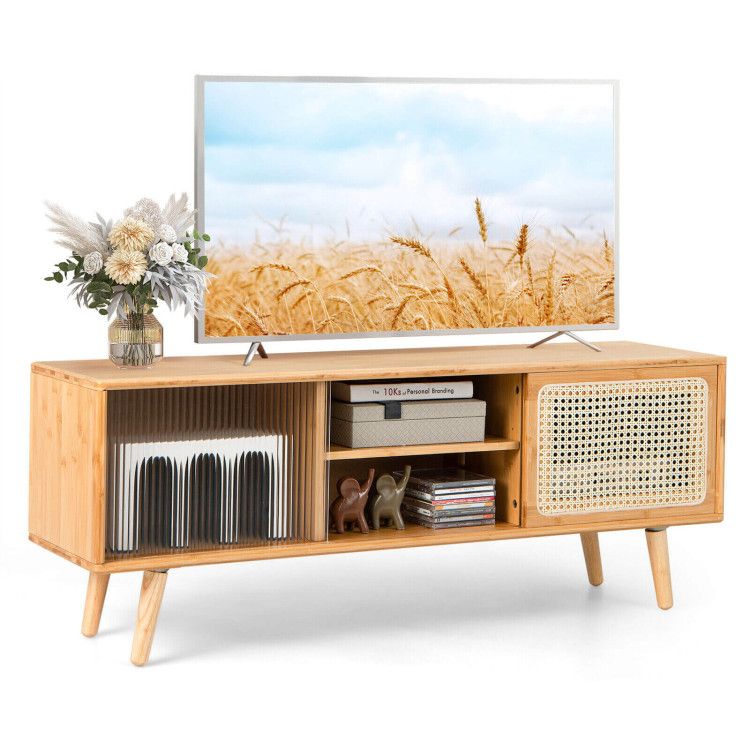 Mid-Century Modern TV Stand with Sliding Doors and Storage
