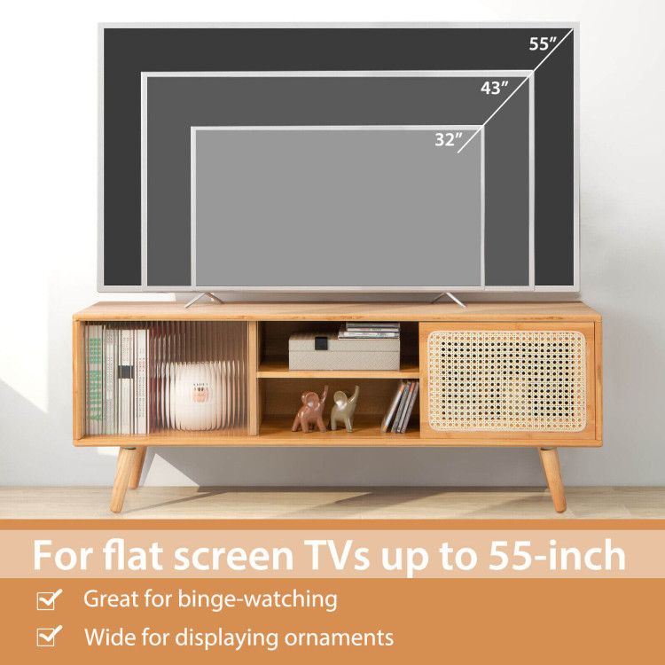 Mid-Century Modern TV Stand with Sliding Doors and Storage
