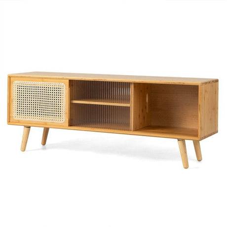 Mid-Century Modern TV Stand with Sliding Doors and Storage