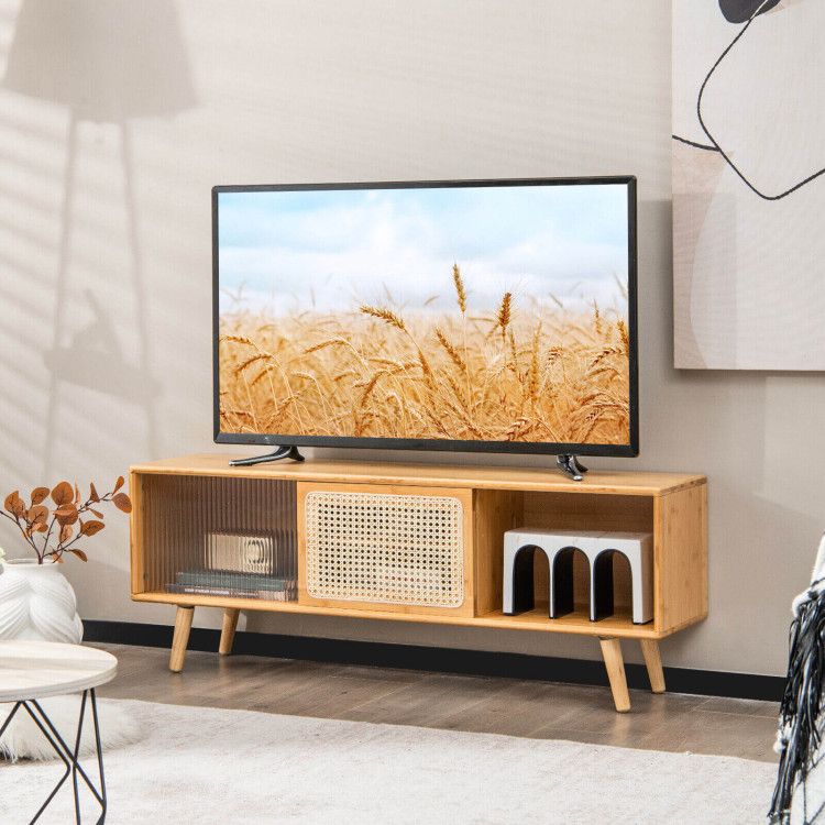 Mid-Century Modern TV Stand with Sliding Doors and Storage