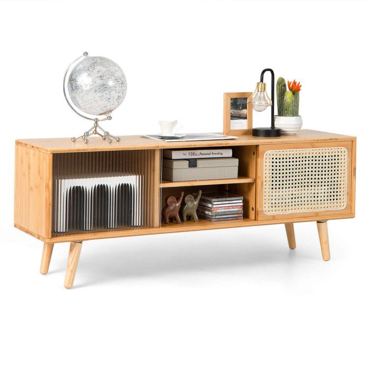 Mid-Century Modern TV Stand with Sliding Doors and Storage