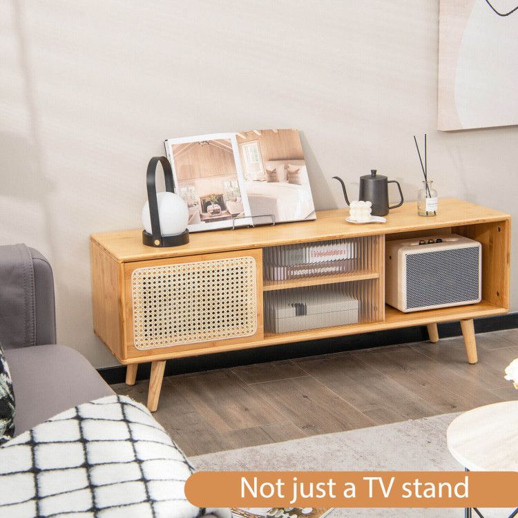 Mid-Century Modern TV Stand with Sliding Doors and Storage