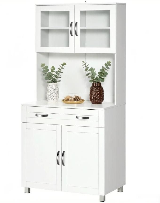Modern White ' Kitchen Pantry with Glass-Front Hutch and Adjustable Shelves