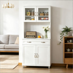 Modern White ' Kitchen Pantry with Glass-Front Hutch and Adjustable Shelves