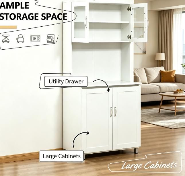 Modern White ' Kitchen Pantry with Glass-Front Hutch and Adjustable Shelves