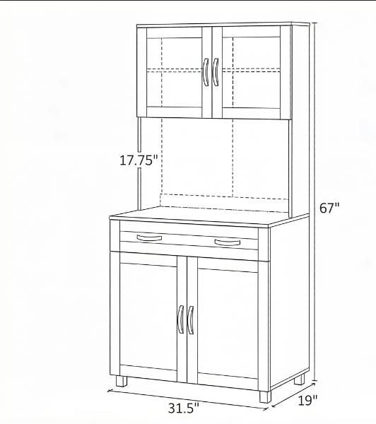 Modern White ' Kitchen Pantry with Glass-Front Hutch and Adjustable Shelves