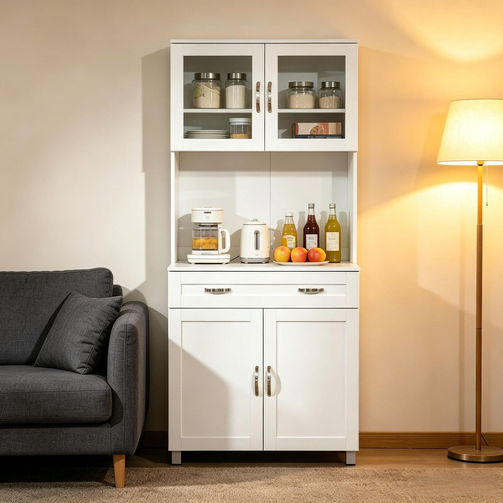 Modern White ' Kitchen Pantry with Glass-Front Hutch and Adjustable Shelves