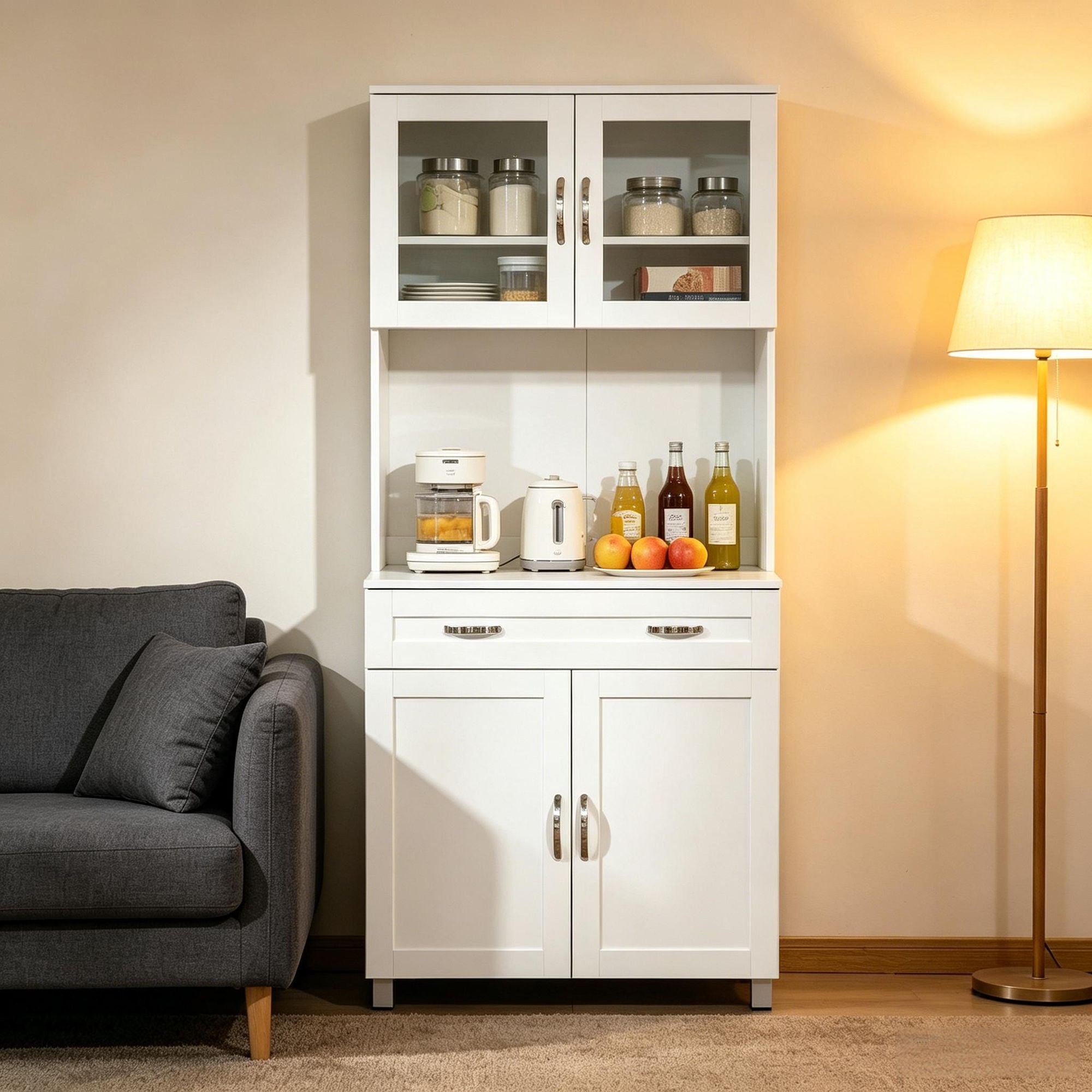 Modern White ' Kitchen Pantry with Glass-Front Hutch and Adjustable Shelves