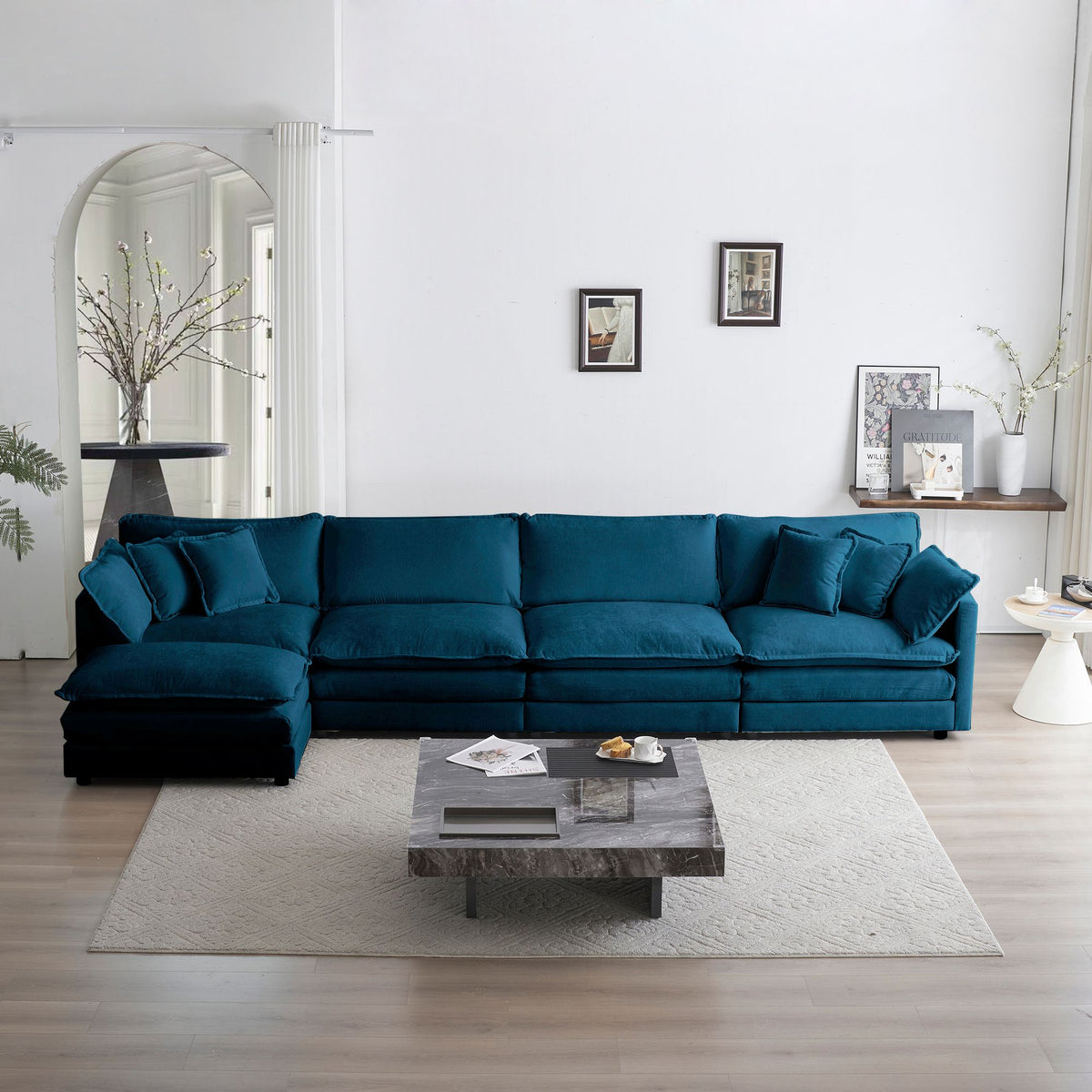 Blue Five-Seat Modular U-Shaped Sectional with Ottoman