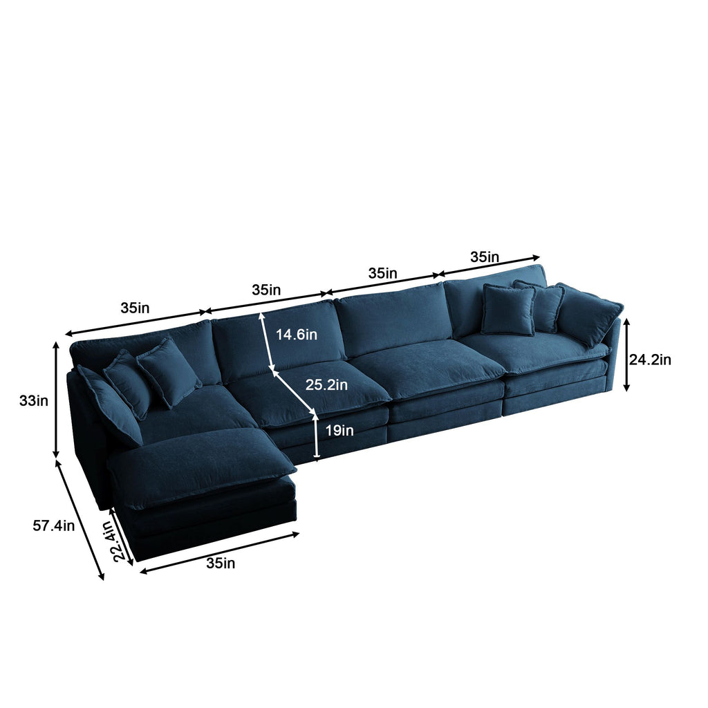 Blue Five-Seat Modular U-Shaped Sectional with Ottoman