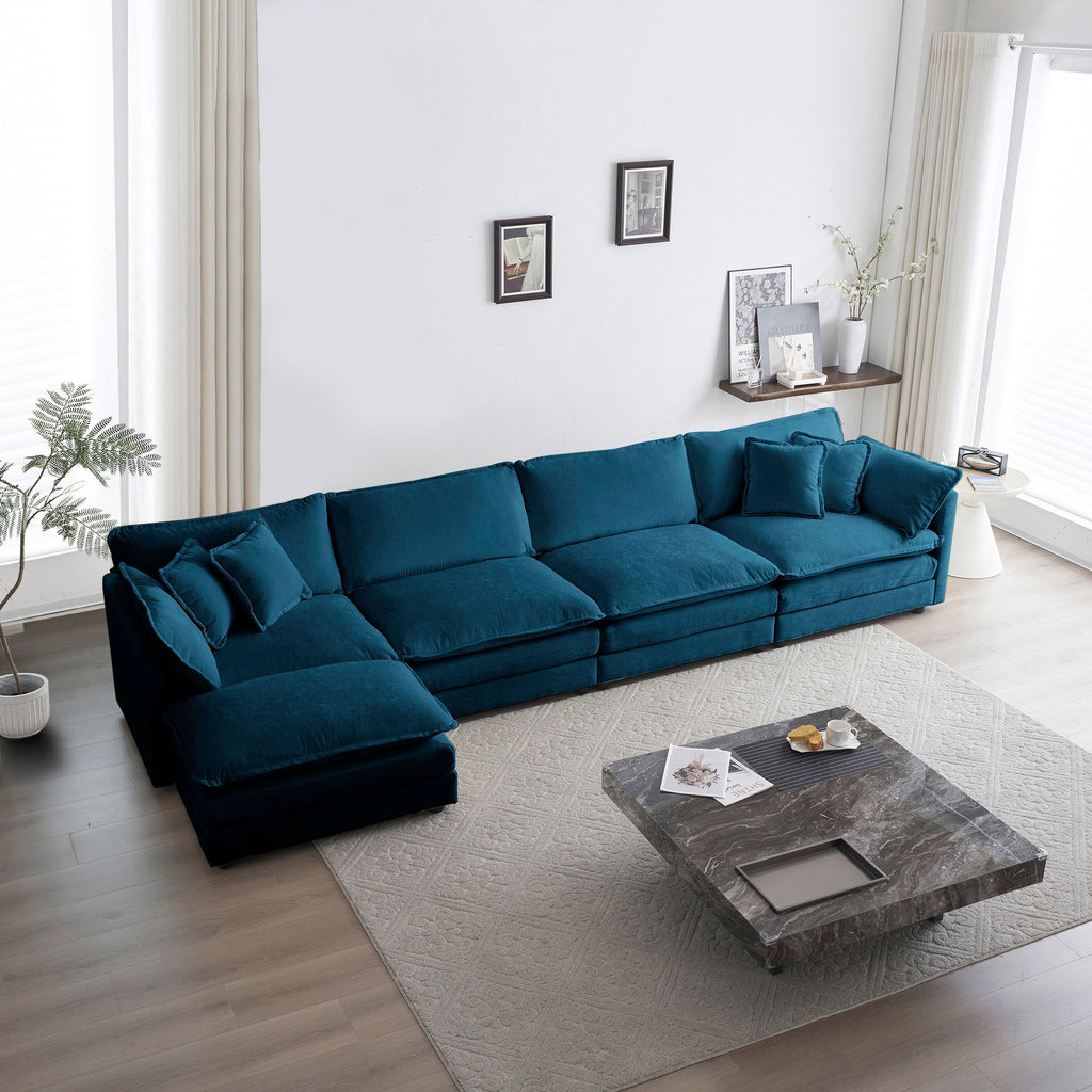 Blue Five-Seat Modular U-Shaped Sectional with Ottoman