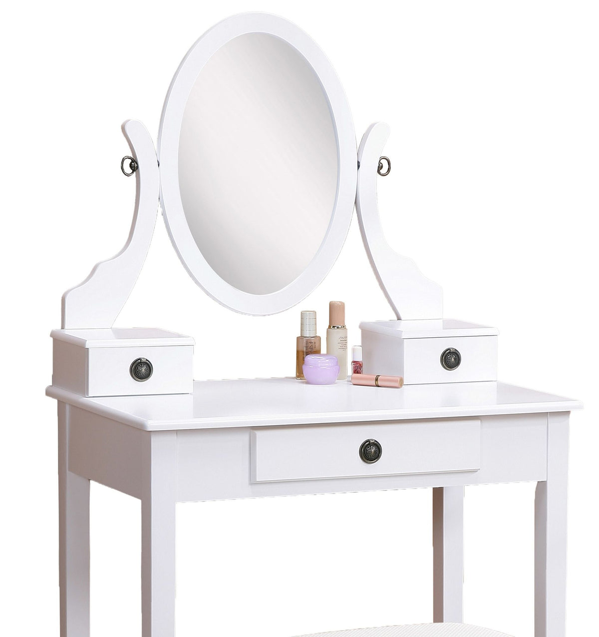 Moniya White Vanity Table, Adjustable Mirror, and Stool Set