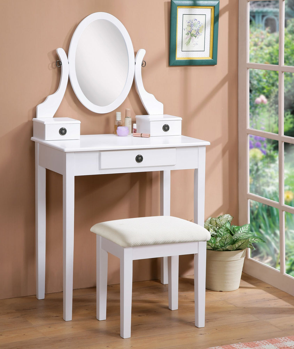Moniya White Vanity Table, Adjustable Mirror, and Stool Set