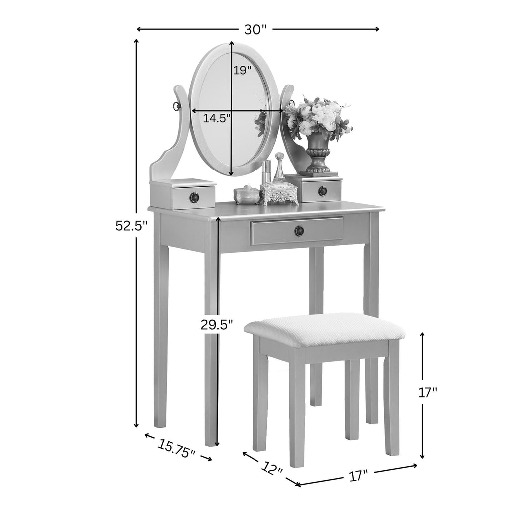 Moniya White Vanity Table, Adjustable Mirror, and Stool Set