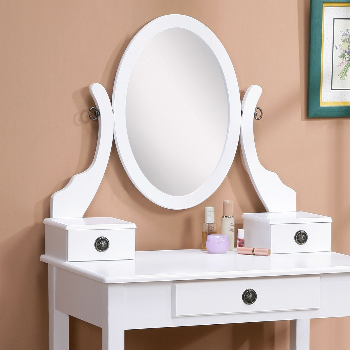 Moniya White Vanity Table, Adjustable Mirror, and Stool Set