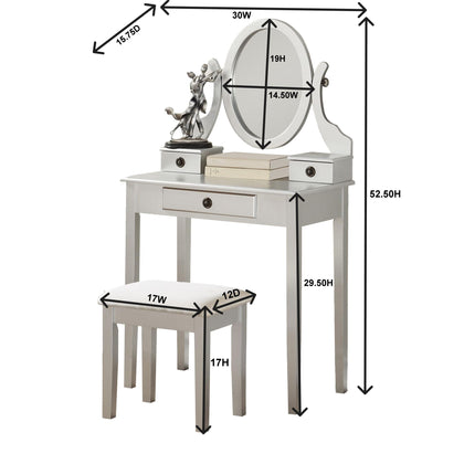 Moniya White Vanity Table, Adjustable Mirror, and Stool Set