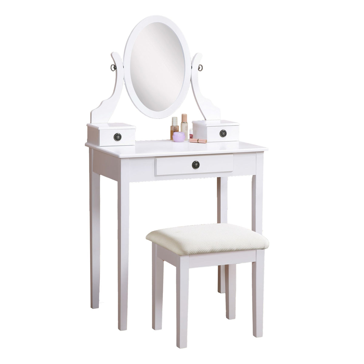 Moniya White Vanity Table, Adjustable Mirror, and Stool Set