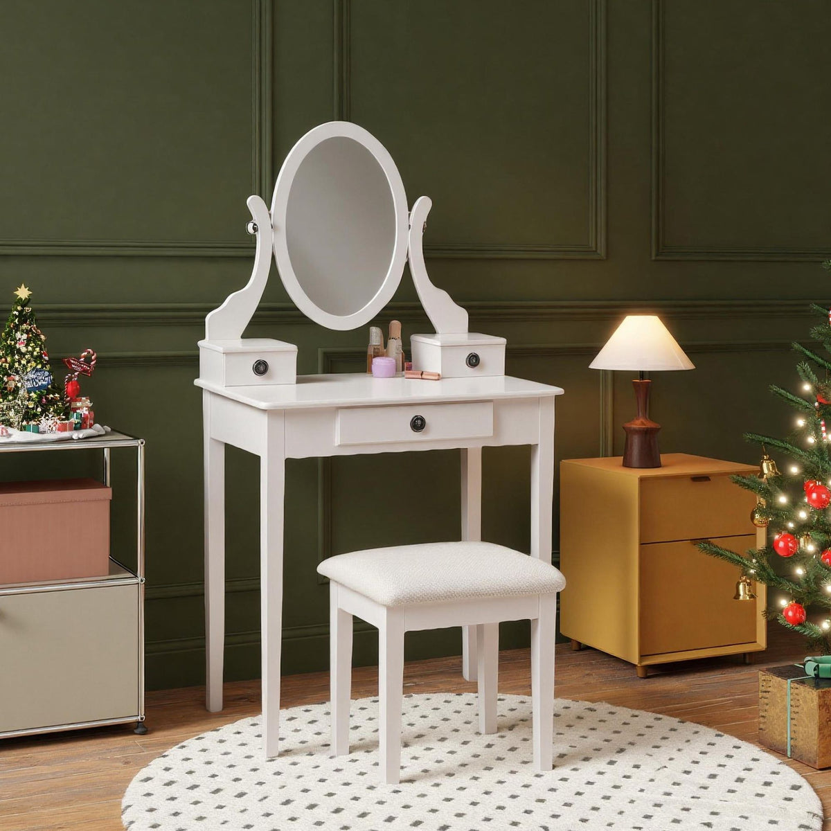 Moniya White Vanity Table, Adjustable Mirror, and Stool Set