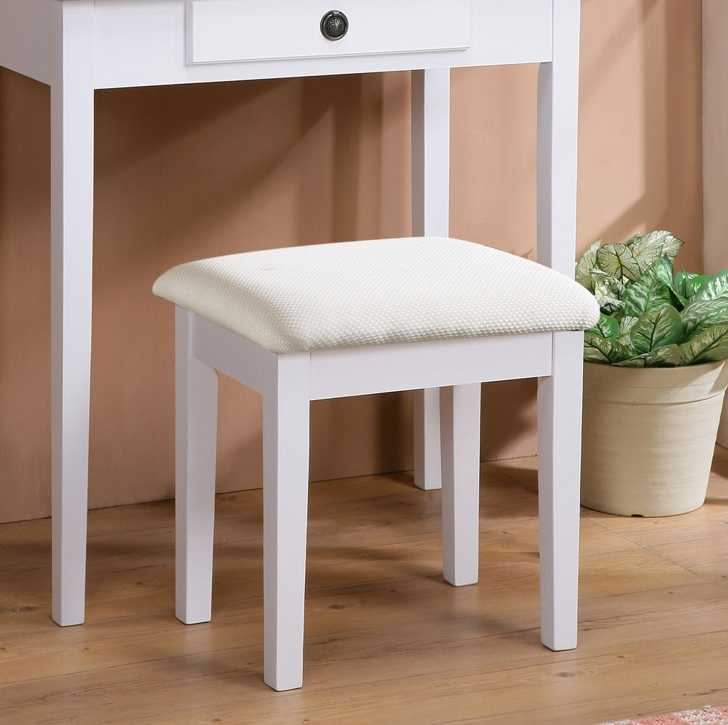 Moniya White Vanity Table, Adjustable Mirror, and Stool Set