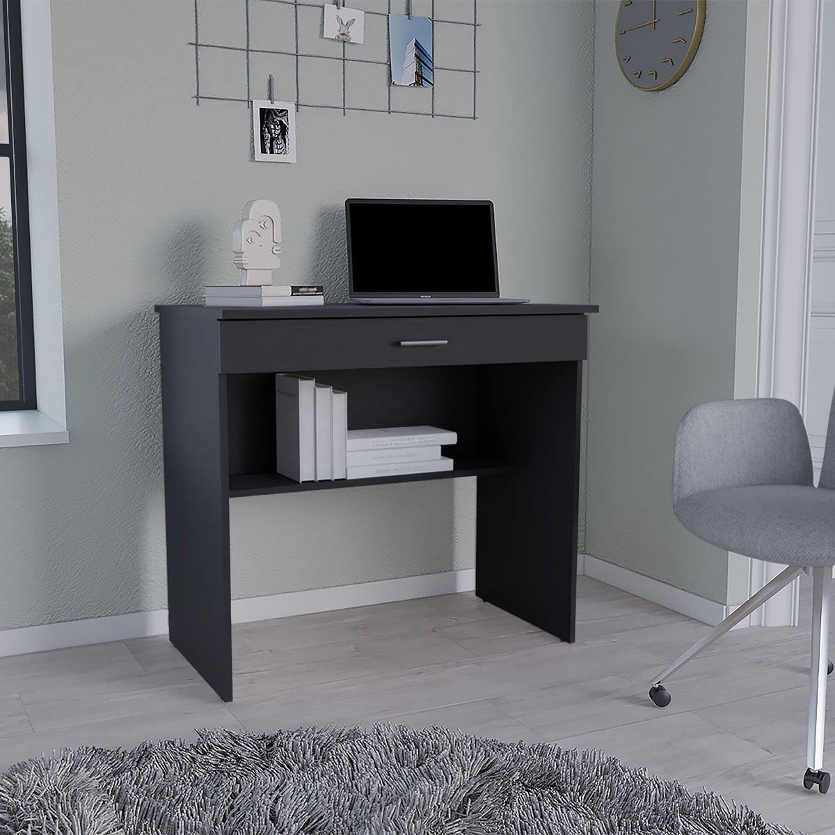 Montana Black Desk with Drawer and Lower Storage Shelf