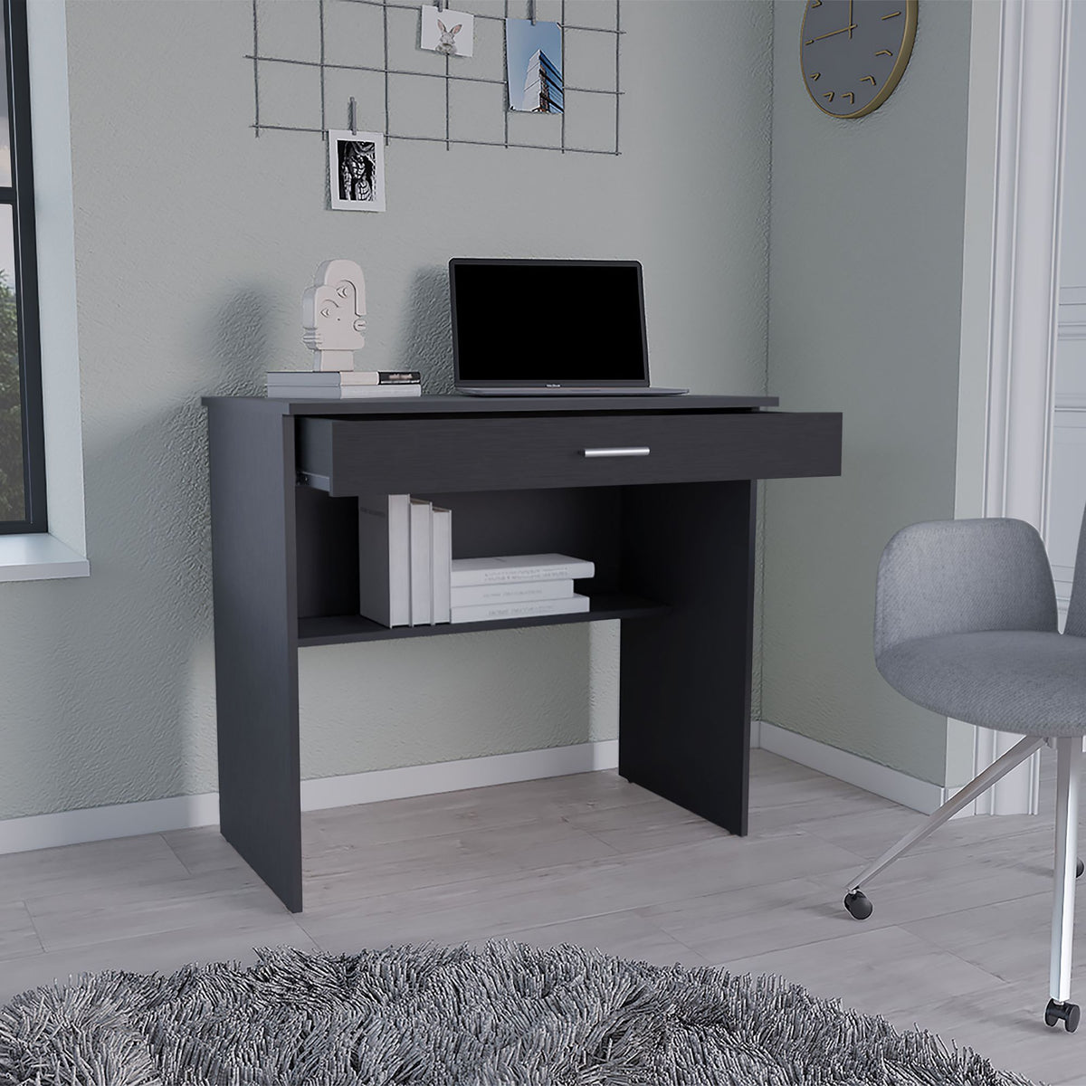 Montana Black Desk with Drawer and Lower Storage Shelf