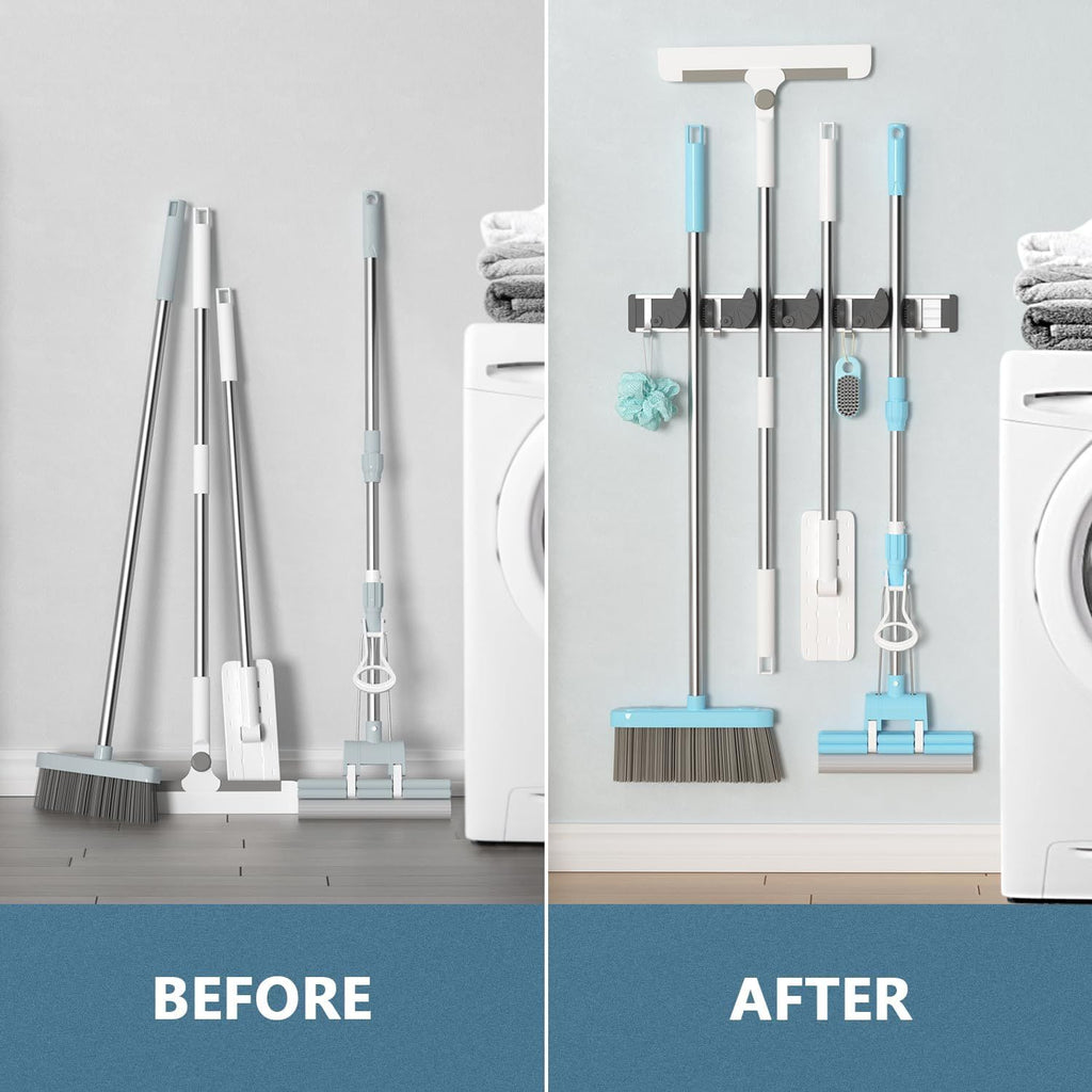 Wall-Mounted Mop and Broom Holder With Four Grips and Four Hooks