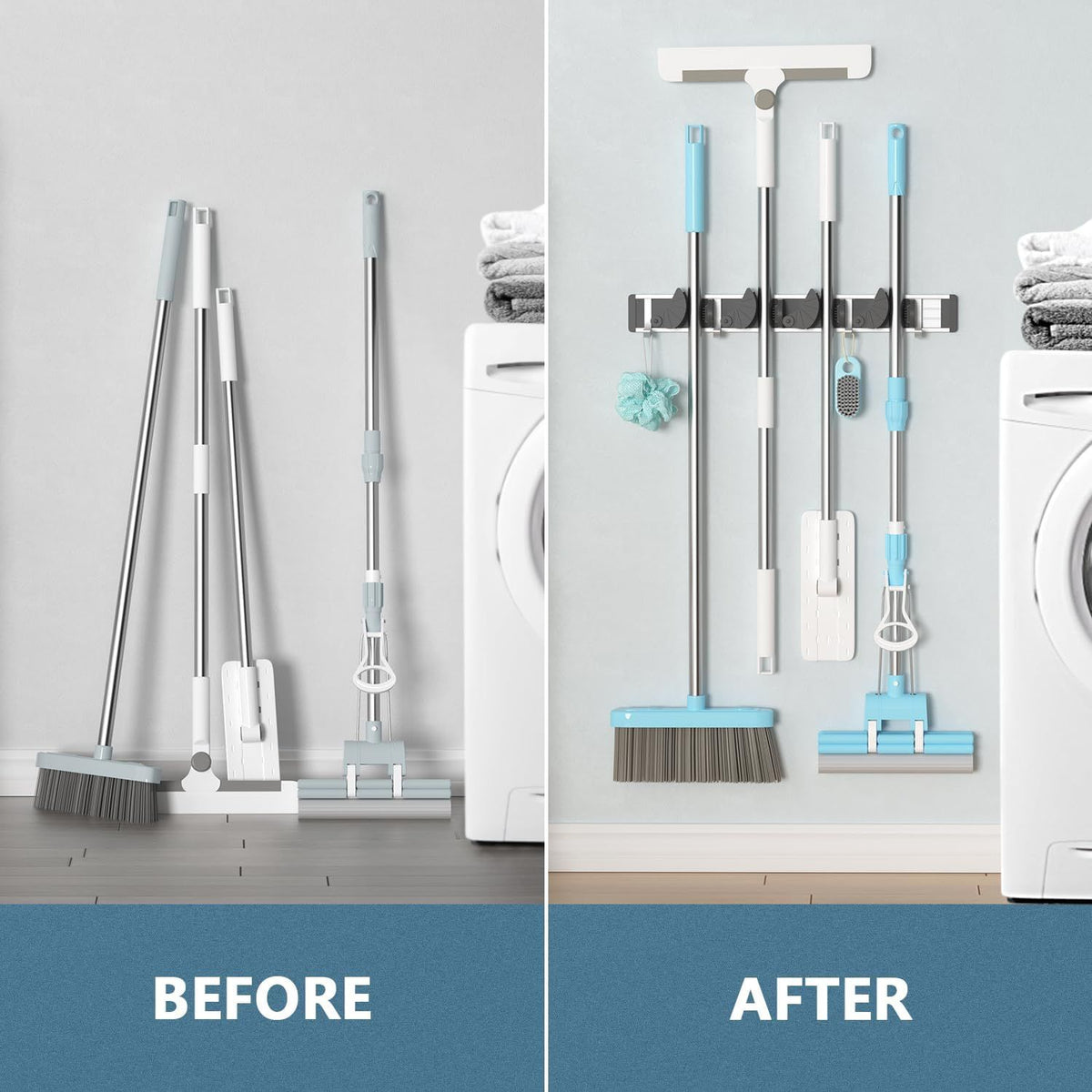 Wall-Mounted Mop and Broom Holder With Four Grips and Four Hooks