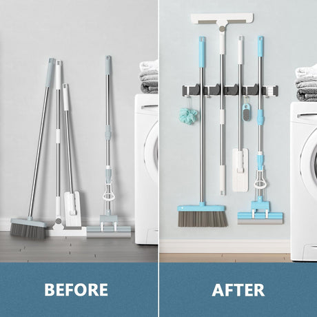 Wall-Mounted Mop and Broom Holder With Four Grips and Four Hooks