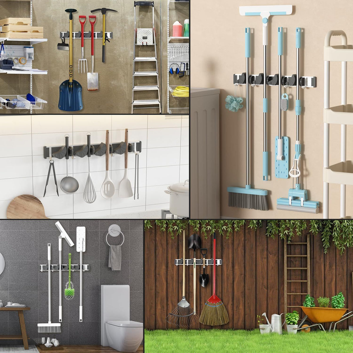 Wall-Mounted Mop and Broom Holder With Four Grips and Four Hooks