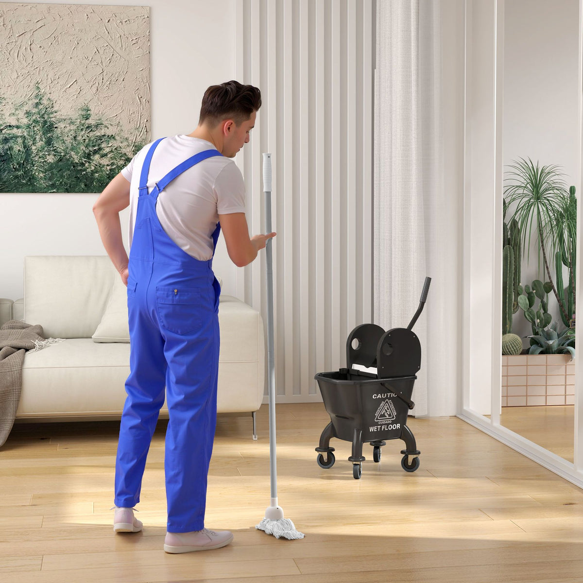 Wheeled Mop Bucket and Down-Press Wringer Set