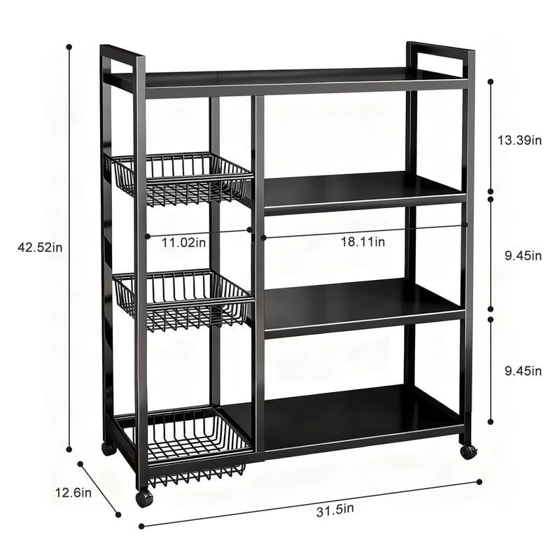 Movable Kitchen Rack w/ Wheels, practical 4 Tier Storage Cart w/ 3 Mesh Baskets, Metal