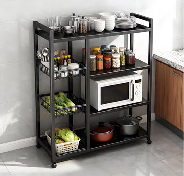Movable Kitchen Rack w/ Wheels, practical 4 Tier Storage Cart w/ 3 Mesh Baskets, Metal