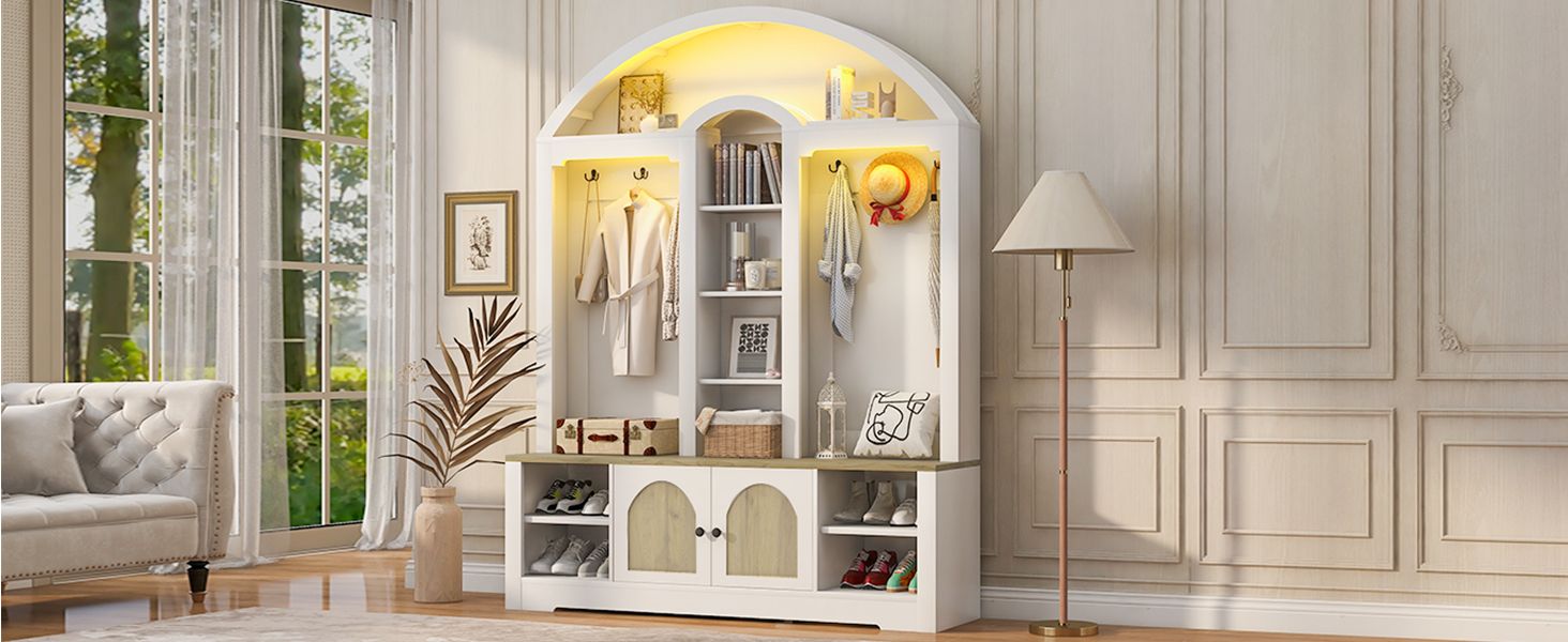 Curved Entryway Wardrobe with Shelves, Cabinets and Hooks