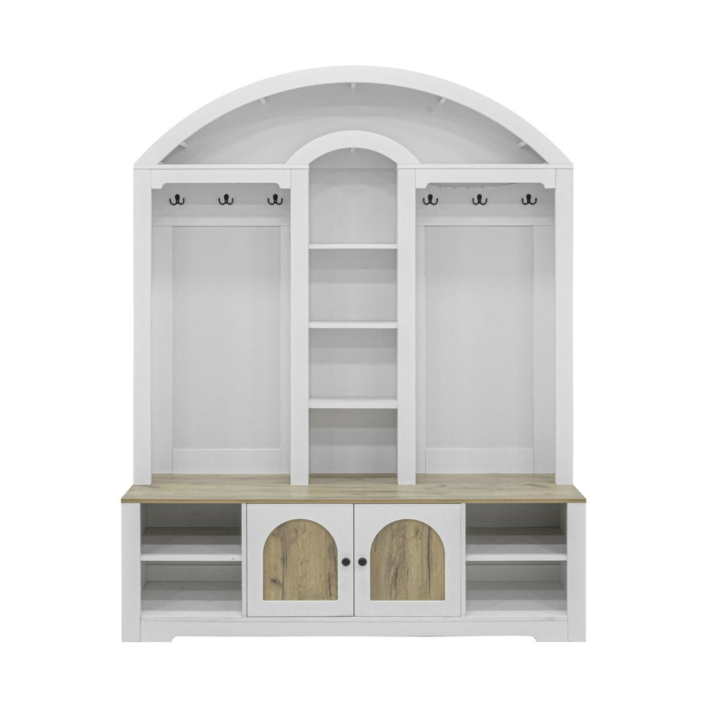 Curved Entryway Wardrobe with Shelves, Cabinets and Hooks
